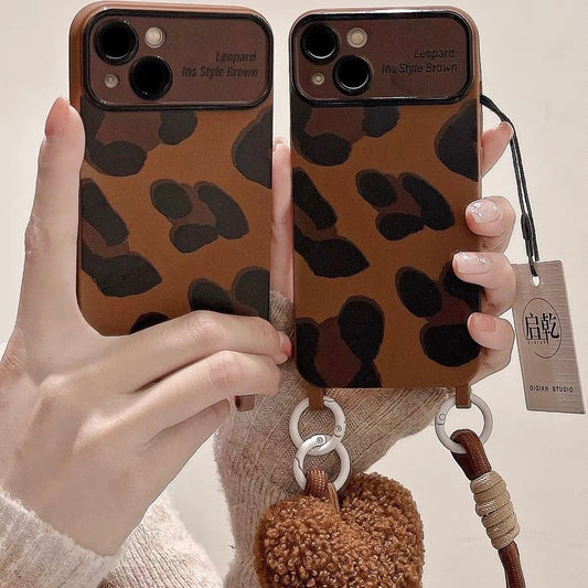 Brown leopard love wrist strap phone case